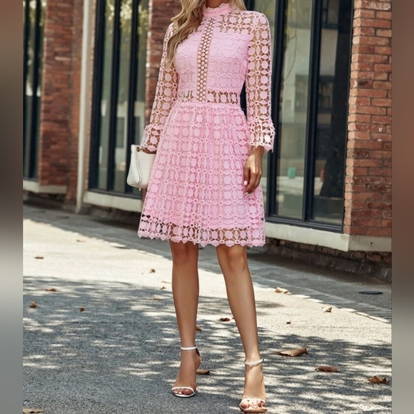 NEW Chic Embroidered Sheer Lace High Neck Party Dress Light Pink - Picture 6 of 8